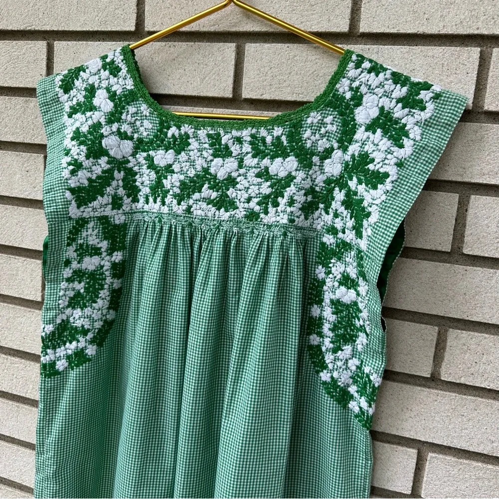 Mi Golondrina Green Gingham Embroidered Mexican Dress M Handmade Cotton Floral - Picture 4 of 7